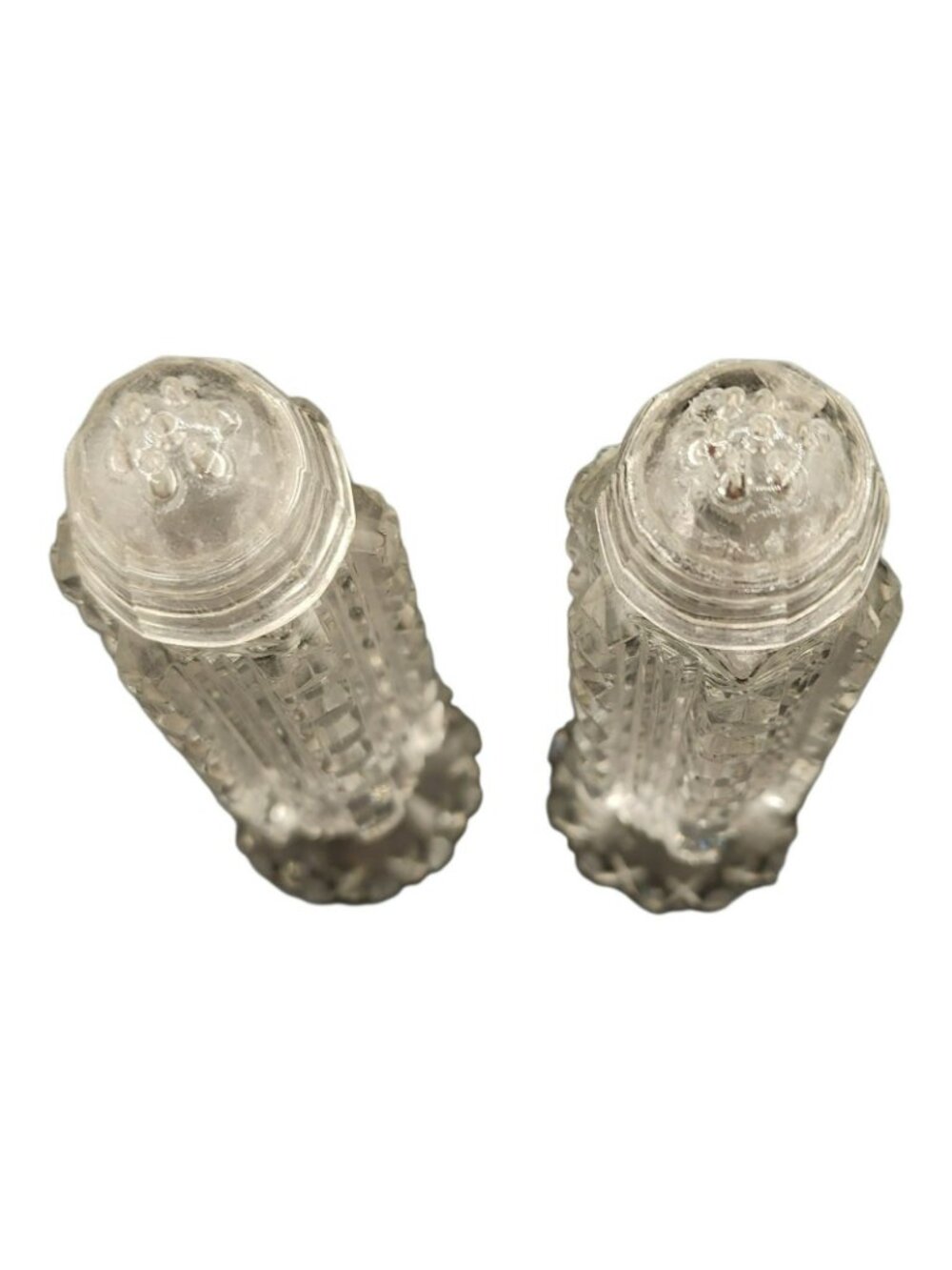 EAPG Diamond Point Glass Salt & Pepper Shakers 5" Tall Glass Caps Antique - Picture 2 of 5